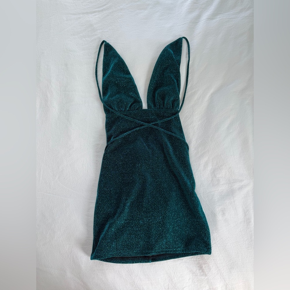 Babyboo Fashion Deep Teal Sparkle Plunge Mini Dress - Small - Picture 5 of 7